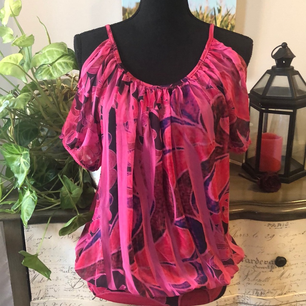 VTG BODY CENTRAL COLD SHOULDER SHORT SLEEVE ABSTRACT PRINT BLOUSE PINK PURP SZ M - Picture 7 of 16